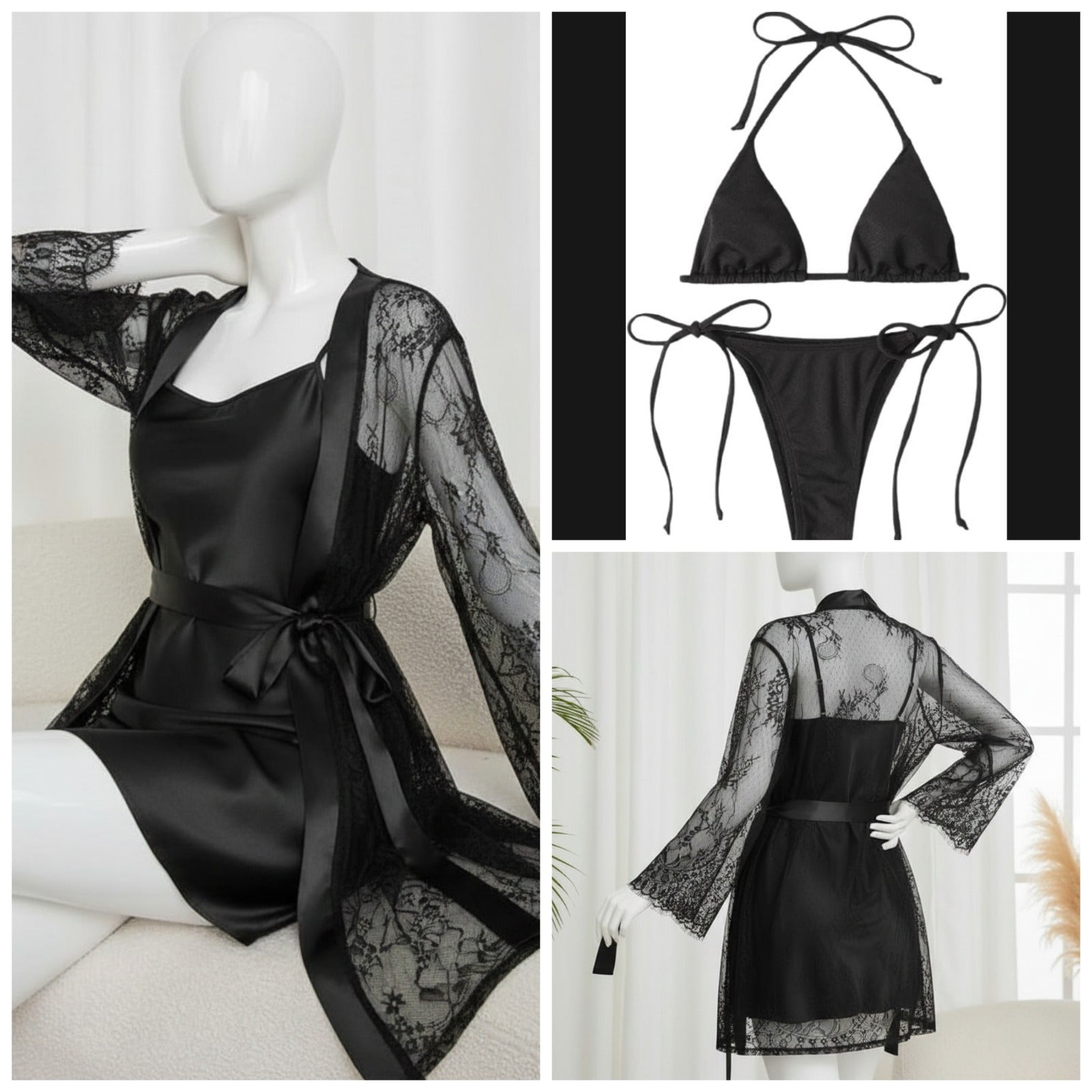 4 Piece Women’s Transparent Net Gown Set – Soft Lace Robe with Silk Inner, Bra & Panty | Free Size - Up to 38 Chest | DC-4052 (Black)