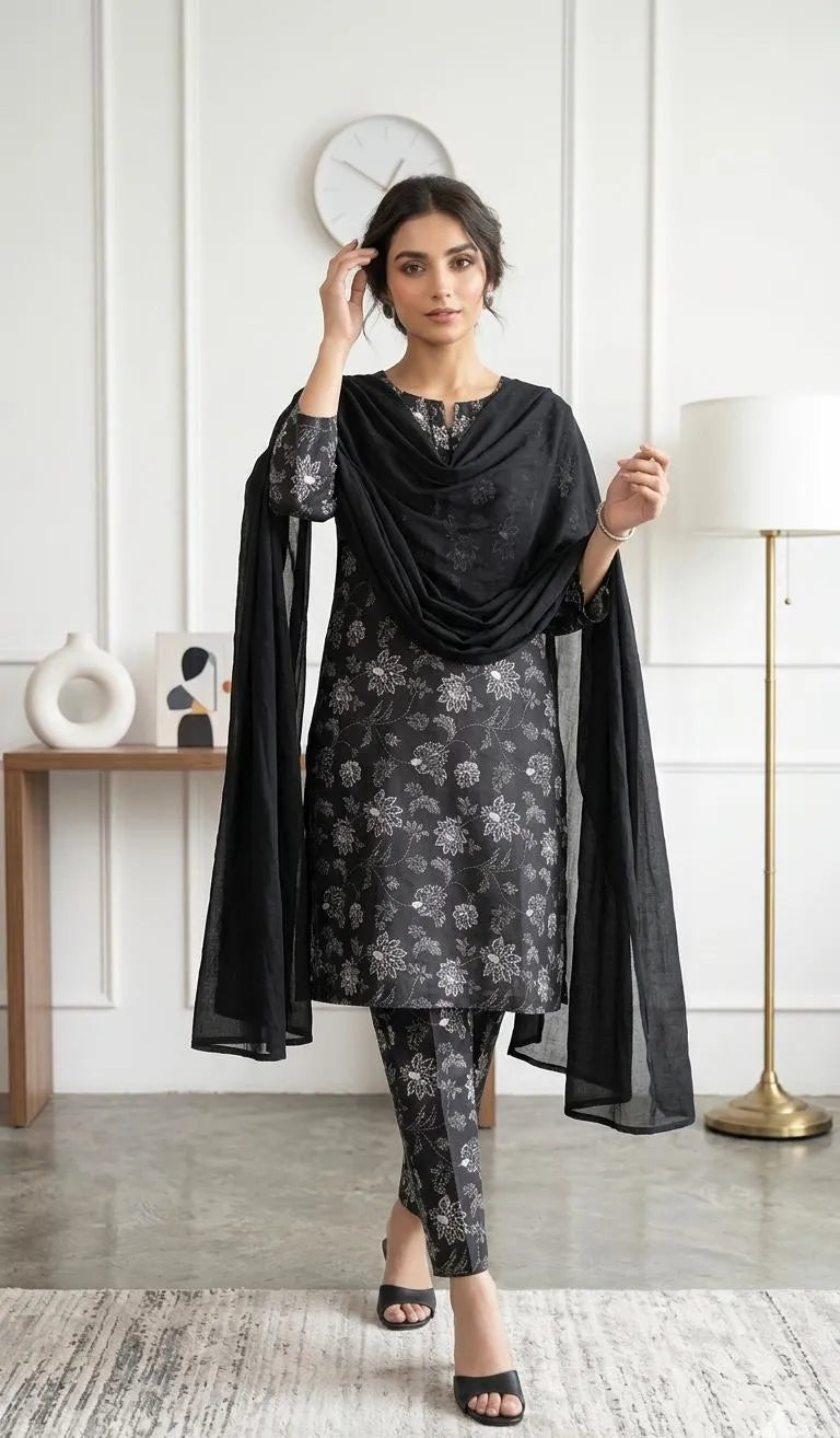 3 Pcs Women's Stitched Lawn Digital Print Suit Black Special (Markaz)